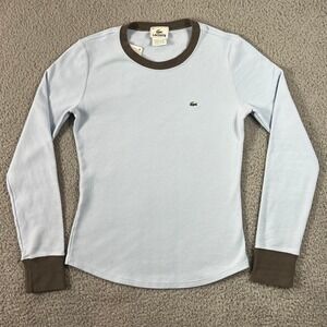 Lacoste Long Sleeve Ringer Tee Women US Size M (EU/8) Light Blue Cotton VTG NWT